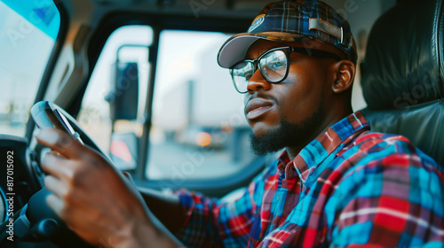 A man wearing glasses and a plaid shirt drives a truck, focusing on the road ahead. The interior of the truck cabin is visible, including the steering wheel and driver's seat.