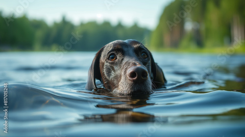 A black german shorthaired pointer swims confidently through a peaceful lake surrounded by lush woodland. photo