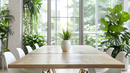 Bright and Airy Indoor Greenhouse-Style Meeting Space with Lush Greenery and Minimalist Design