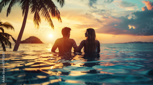 A couple stands in a pool at sunset, gazing at the ocean and holding hands. Palm trees frame the serene tropical scene, creating a romantic and tranquil atmosphere.
