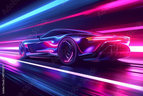 AI-generated digital illustration of futuristic connected cars enhanced with IoT and smart technologies, glowing with neon lights in a modern smart city environment.