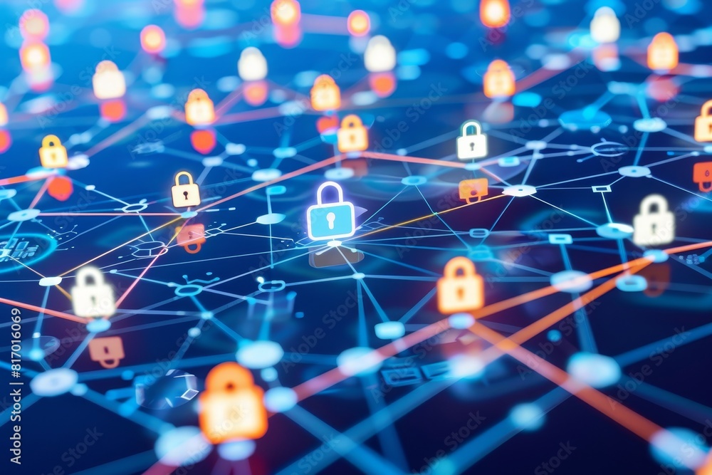 Detailed visualization of a secure network featuring interconnected data lines and nodes with a prominently locked gateway, symbolizing the complexity of digital privacy and cybersecurity. Detailed visualization of a secure network featuring interconnected data lines and nodes with a prominently locked gateway, symbolizing the complexity of digital privacy and cybersecurity.