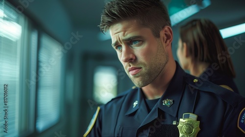 Close-up of a police officer looking sad. In the police office area