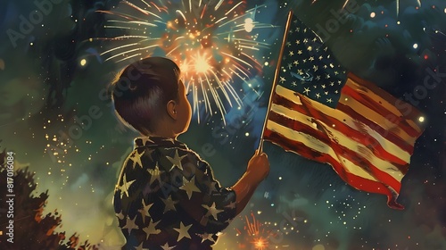 Young Patriot Admiring Fireworks in Retro Americana Aesthetic