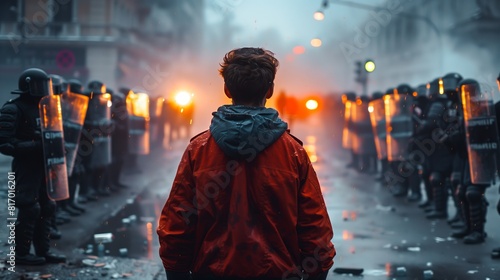 A young man in an orange jacket stands with his back to the camera, facing police and rioters on both sides of him, surrounded by smoke and lighting effects in city streets photo