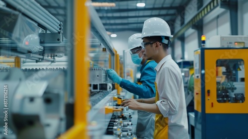 Engineers and factory managers wearing safety helmet inspect the machines in the production. inspector opened the machine to test the system to meet the standard. machine, maintenance. photo