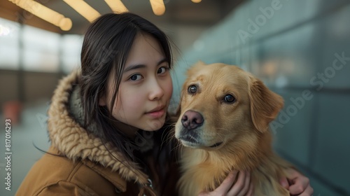 A young Asian woman with long hair, wearing winter and holding her golden retriever dog in the airport terminal, looking at the camera
