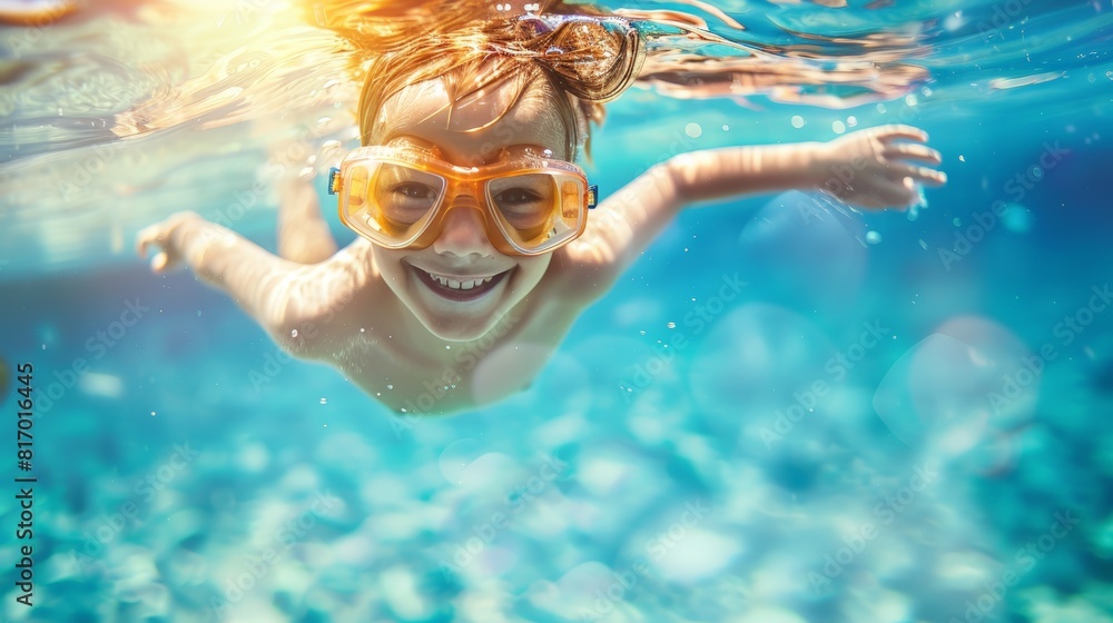 Naklejka premium Cute smiling child having fun swimming and diving in the pool at the resort on summer vacation. Sun shines under water and sparkling water reflection. Activities and sports to happy kid