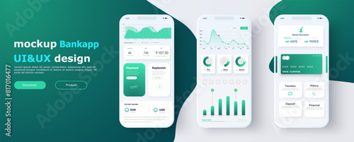 Mobile Banking and Financial Management UI Design Mockup with Analytics and Transaction History. Interface features analytics, transaction history, payment options, and account balance details. Vector © ZinetroN