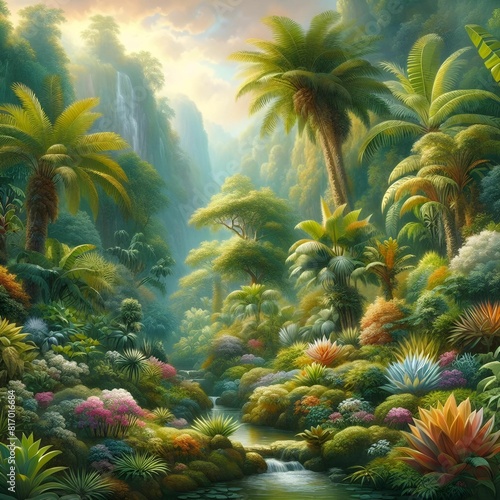 Lush  botanical garden  filled with exotic plants  landscape painting