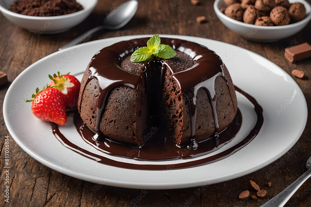 chocolate lava cake on a plate, with mint and strawberries chocolate lava cake on a plate, with mint and strawberries
