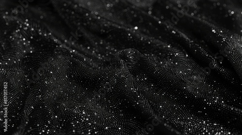 Black glitter background, high resolution, top view angle, high detail, hyperrealism, photo taken from the front of very dense black fine grain wool fabric with lots of small white sparkles