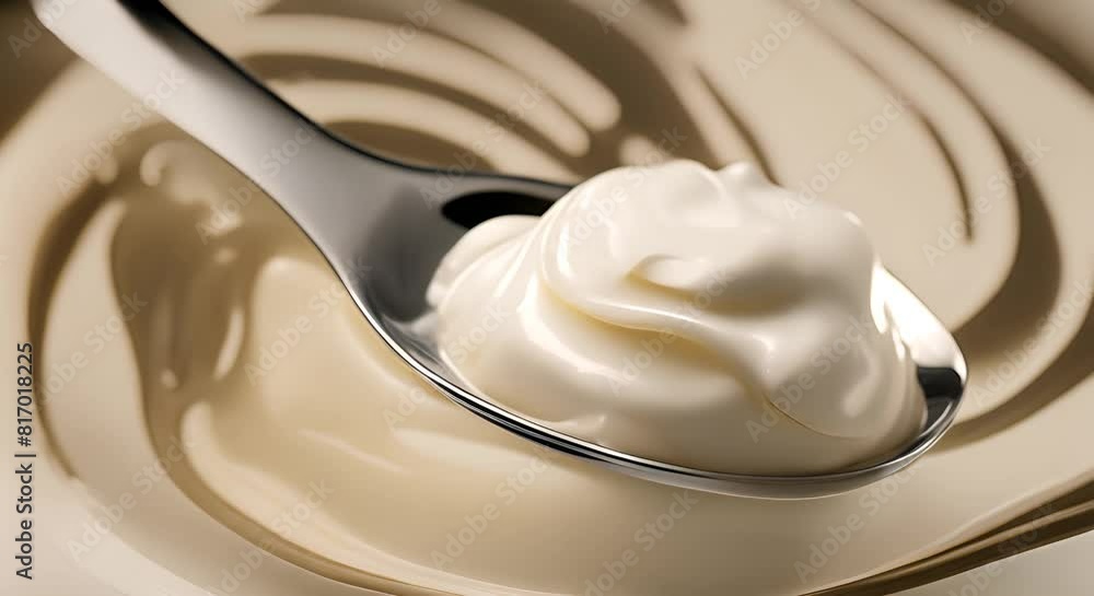 Close up of a spoonful of smooth creamy mayonnaise against a dark background The sleek silver spoon contrasts with the velvety white condiment creating an appealing visual texture Close up of a spoonful of smooth creamy mayonnaise against a dark background The sleek silver spoon contrasts with the velvety white condiment creating an appealing visual texture