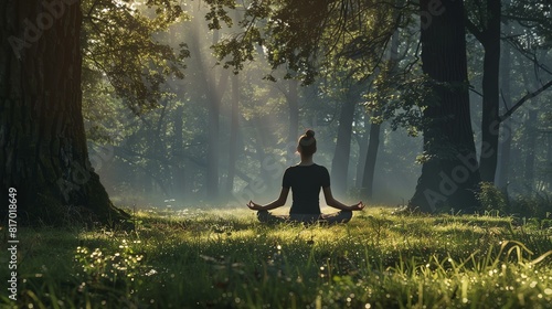 Young woman practicing yoga in the misty forest. The sun is shining through the trees. She is wearing a black t-shirt and black pants. © stocker