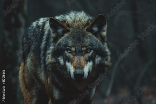 Captivating closeup of a wolf with piercing eyes set against a dark  moody forest backdrop