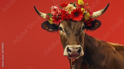 A beautiful cow wearing a flower crown made of red, pink, and yellow flowers. The cow is standing against a red background and looking at the camera. photo