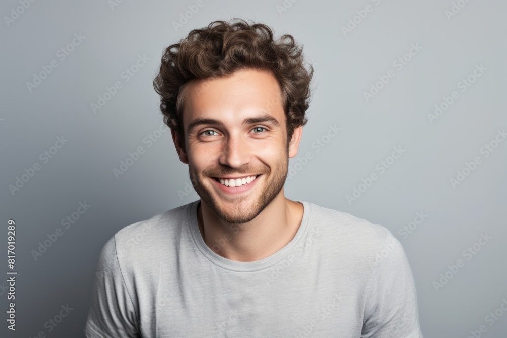 Portrait of a happy man in his 30s smiling at the camera isolated on minimalist or empty room background Portrait of a happy man in his 30s smiling at the camera isolated on minimalist or empty room background