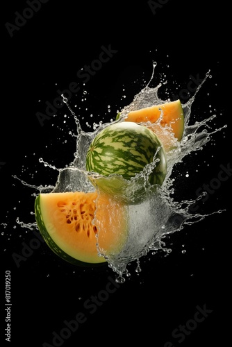 Fresh melon,fall in water,splash,commercial photography,dark background,creative fruit concept. photo