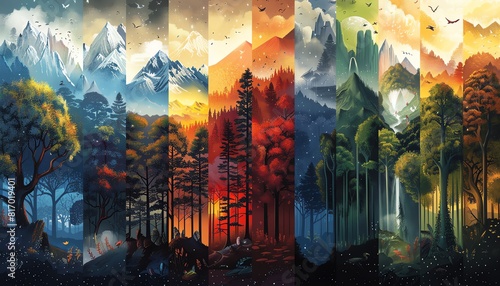 A montage of different habitats deserts, rainforests, mountains each with unique flora and fauna, vivid and detailed, digital painting, showcasing biodiversity photo
