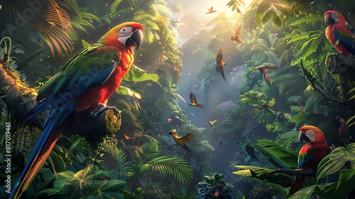 A vibrant jungle teeming with diverse wildlife, including colorful birds, insects, and mammals, lush greenery, digital painting, biodiversity and thriving ecosystems © owen