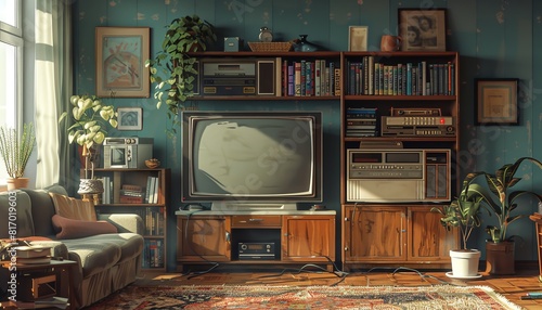 A nostalgic throwback to a 1980s living room with VHS tapes and a bulky TV, muted tones, digital painting, retro and sentimental