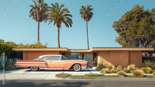 A classic car parked in front of a midcentury modern house, pastel colors, highresolution, photograph, nostalgic and elegant