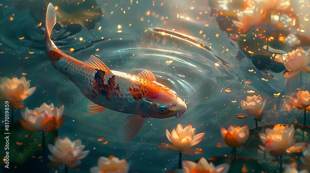 A koi fish swims gracefully through a pond filled with colorful water lilies. The sun shines brightly overhead, casting a warm glow on the scene. The fish's scales glisten in the sunlight, and the wat A koi fish swims gracefully through a pond filled with colorful water lilies. The sun shines brightly overhead, casting a warm glow on the scene. The fish's scales glisten in the sunlight, and the wat