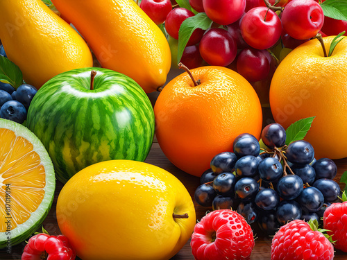 Colorful assortment of fruits background. Full frame of various fruits and berries