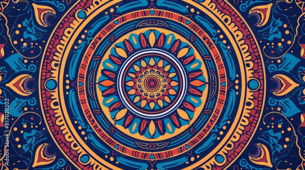 An intricate, vibrant mandala design, depicting a celestial view from a worms-eye perspective, suitable for fabric print Enhance the design with eco-friendly, reusable elements
