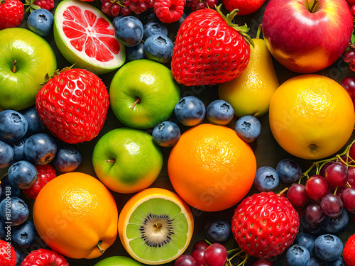 Colorful assortment of fruits background. Full frame of various fruits and berries