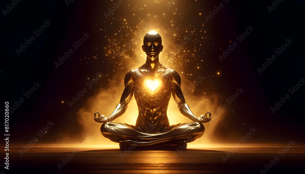 A person meditating cross-legged with their eyes closed, surrounded by a mystical golden mist. Their hands are positioned near their heart, emitting a glowing, heart-shaped light A person meditating cross-legged with their eyes closed, surrounded by a mystical golden mist. Their hands are positioned near their heart, emitting a glowing, heart-shaped light