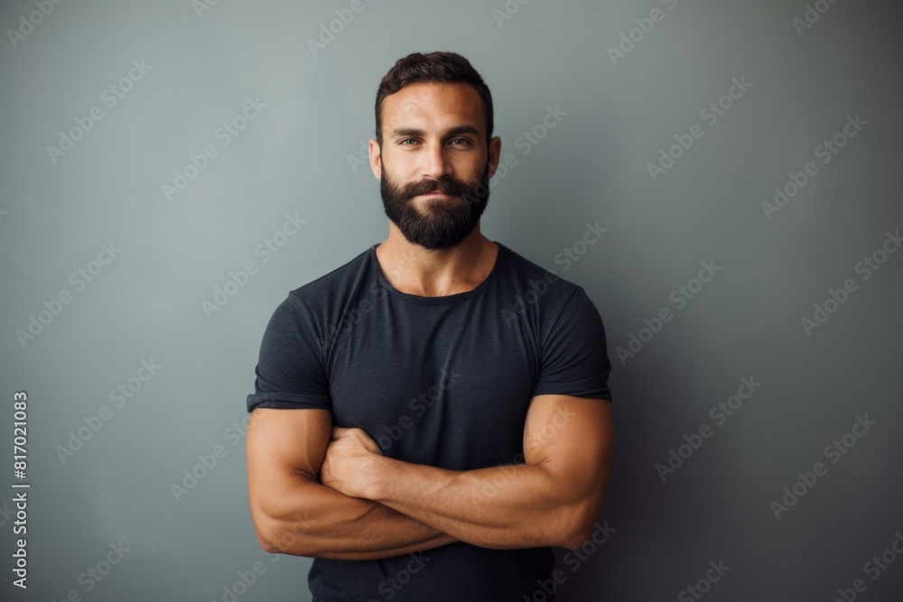 Portrait of a glad man in his 30s with arms crossed over minimalist or empty room background Portrait of a glad man in his 30s with arms crossed over minimalist or empty room background