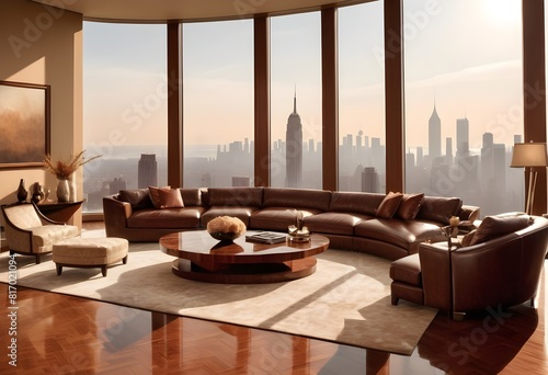 Luxury apartment penthouse in luxrious city with large living room in Panoramic windows from floor to ceiling with city view