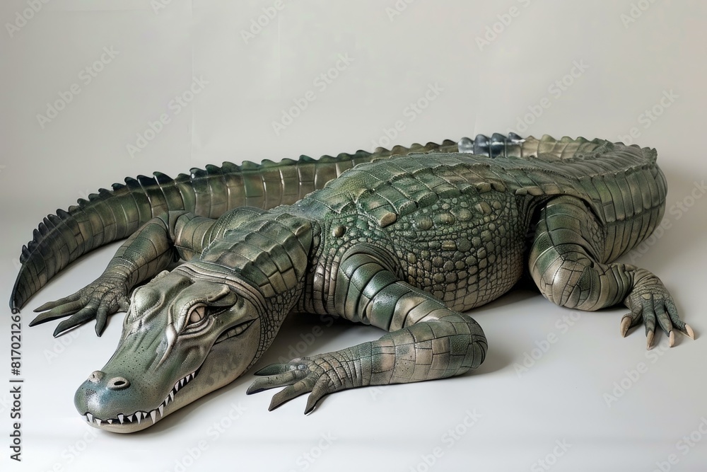 Highly detailed alligator replica presented in a natural pose, isolated on a clean white backdrop Highly detailed alligator replica presented in a natural pose, isolated on a clean white backdrop