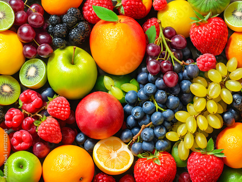 Colorful assortment of fruits background. Full frame of various fruits and berries