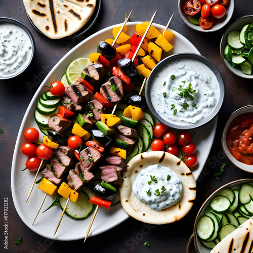 Skewers of juicy, grilled meat and vegetables, served with a side ofand a dollop of tzatziki photo