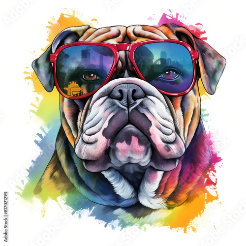 English Bulldog. Cool Dog. British Bulldog clipart. Watercolor illustration. Generative AI. Detailed illustration.