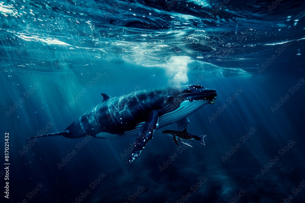 Fototapeta premium Humpback with other oceanic life besides it. Oceanic environment