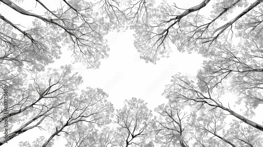Obraz premium Illustrate a mesmerizing high-angle view of a lush forest canopy in delicate line work, highlighting the towering trees, dancing foliage, and hidden wildlife below