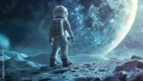 Child in astronaut costume stands on moon surface looking at planet photo