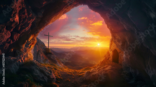 Easter Religious concept  Empty tomb  jesus  Cross and Mountain