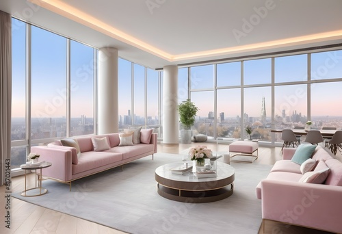 Luxury apartment penthouse in luxrious city with large living room in Panoramic windows from floor to ceiling with city view