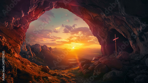 Easter Religious concept: Empty tomb, jesus, Cross and Mountain