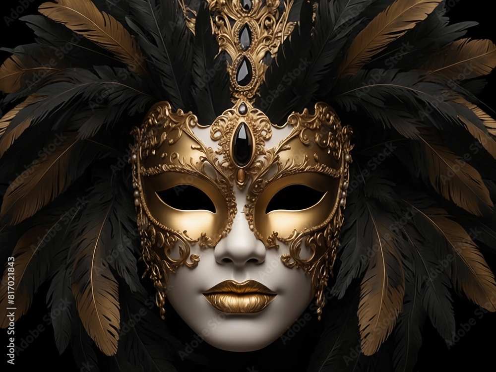 elegant carnival mask with black and gold feathers and details elegant carnival mask with black and gold feathers and details