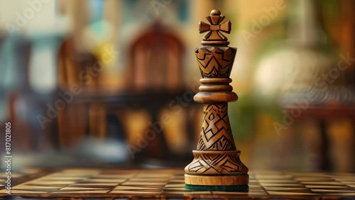 Carved wooden chess king standing on chessboard, blurred colorful background photo