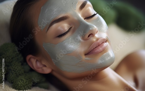 Young relaxed woman with a clay facial mask on her face