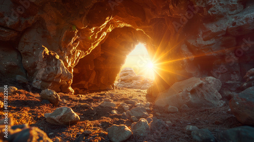 Easter Religious concept: Empty tomb, jesus, Cross and Mountain