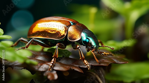 A beautiful green and gold beetle on a leaf. © Naphol