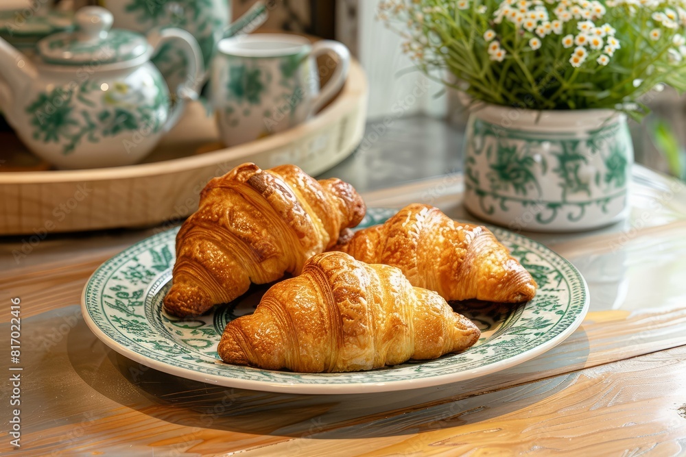 Golden croissants on decorative plate with tea set and flowers in cozy home setting Golden croissants on decorative plate with tea set and flowers in cozy home setting