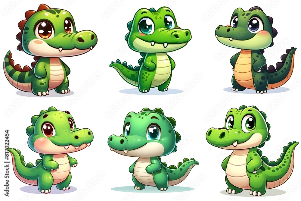 Cartoon illustrations of cute baby alligators and crocodiles, set of animal game characters, isolated on white Cartoon illustrations of cute baby alligators and crocodiles, set of animal game characters, isolated on white